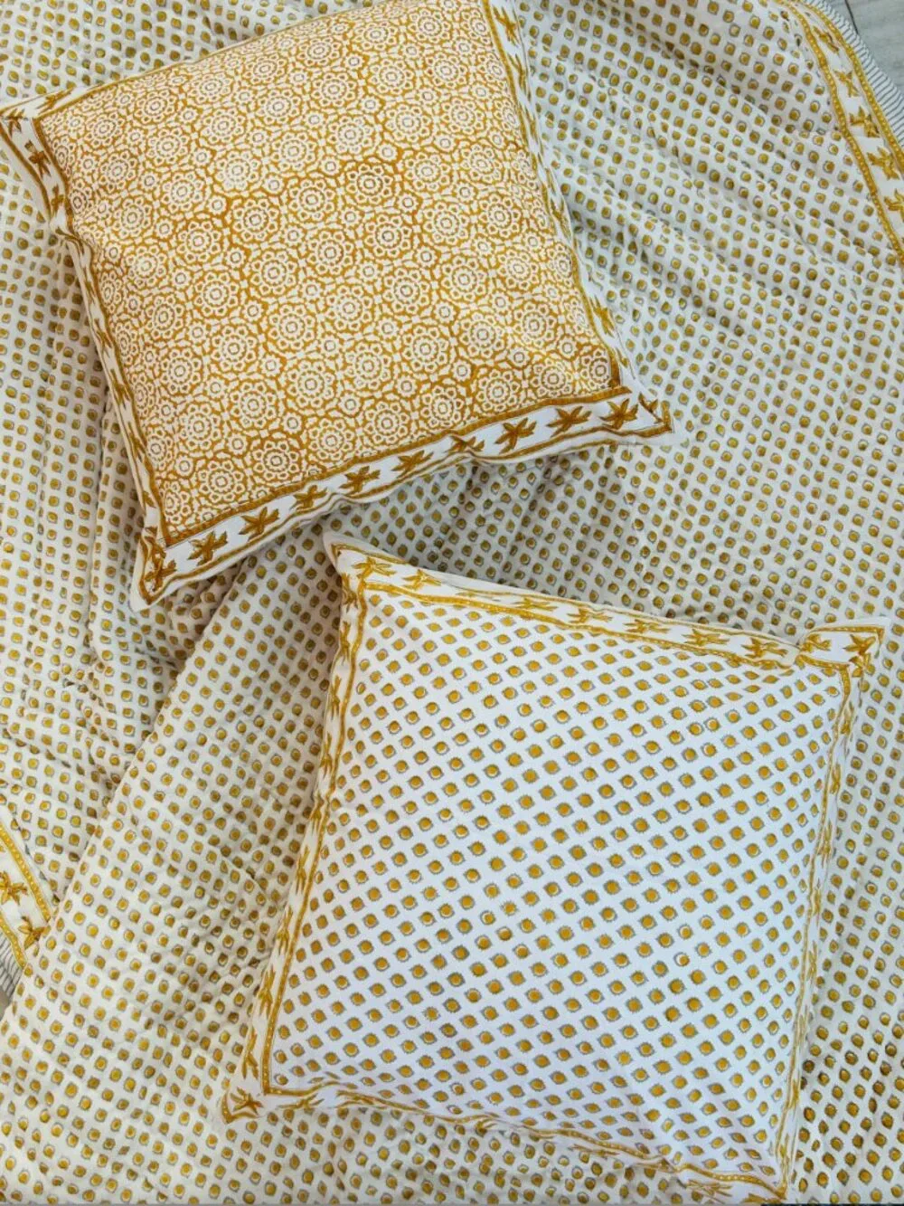 Mustard Block Print Floral Kantha Duvet cover and King shams - set of 2